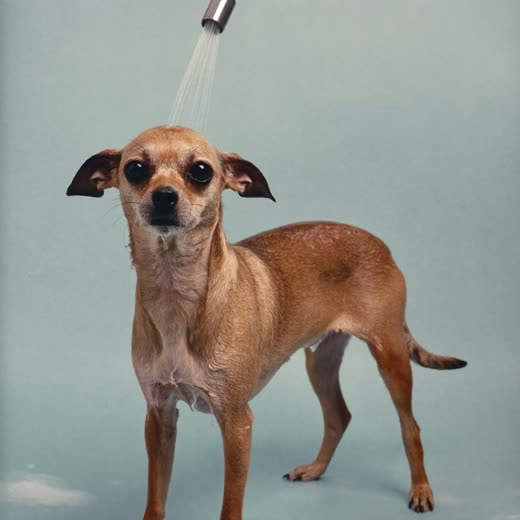 A small dog being bathed and rinsed